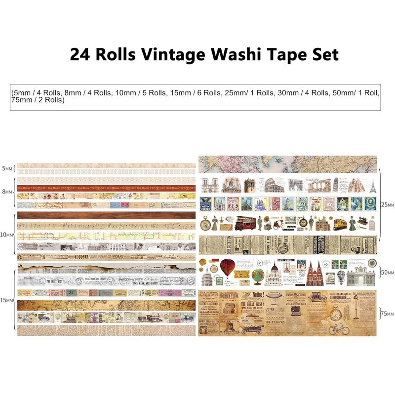 emmoolife 24 Rolls Vintage Washi Tape Set, Antique Car Buildings Map Stamp Stripe Writable Aesthetic Washy Decorative Tapes for Scrapbooking, Junk Journal Supplies, Bullet Journaling 5-75mm Wide (3m Long)/Roll - Image 3